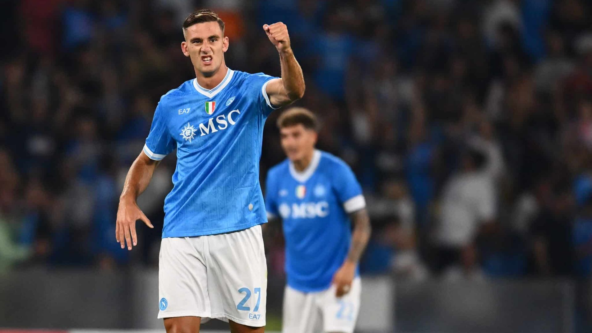 Lorenzo Lucca of S.S.C. Napoli celebrates after scoring the goal to make it 3-1 during the 4th day of the Serie A Championship between S.S.C. Napoli and A.C. Pisa 1909 at the Diego Armando Maradona Stadium in Naples, Italy, on September 22, 2025. (Photo by Domenico Cippitelli/NurPhoto via Getty Images)