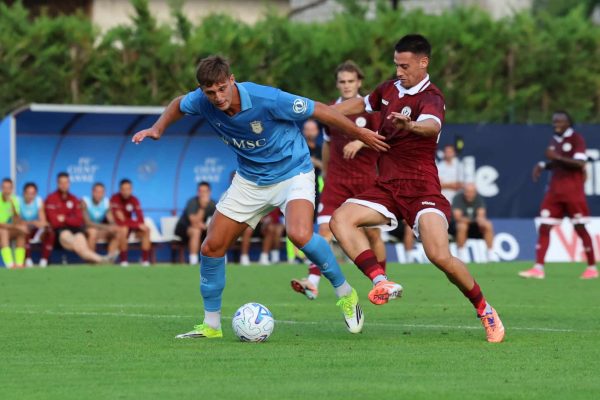 Lorenzo Lucca of Napoli during a preseason friendly soccer match between Napoli and Arezzo at Stadio Carciato in Dimaro Folgarida, Trento, Italy, on July 22, 2026. (Photo by Ciro De Luca/NurPhoto via Getty Images)