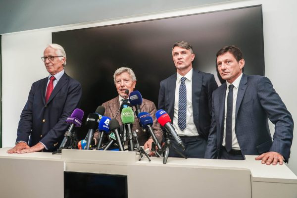 Ezio Maria Simonelli, President of Serie A; Giovanni Malago, President of the FIGC; Paolo Maldini, Technical Director of the FIGC and President of Club Italia; and Leonardo, Advisor to Club Italia, attend a meeting at the Serie A League headquarters in Milan, Italy, on July 23, 2026. (Photo by Emanuele Roberto De Carli/NurPhoto via Getty Images)