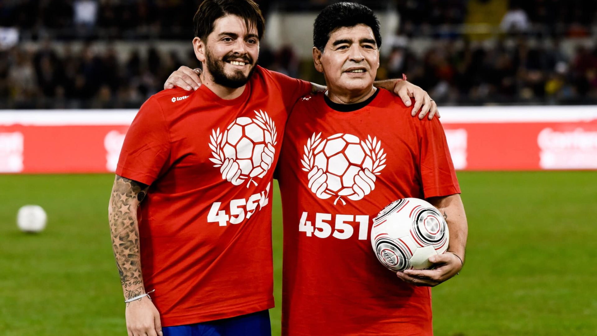 Argentinian soccer legend Diego Armando Maradona (R), poses with his son Diego Armando Maradona jr., (L)  during the 'Match of Peace - United for Peace', charity soccer match promoted by the Schools for Encounter foundation, an organization boosted by Pope Francis, at Olimpico stadium in Rome, Italy, 12 October 2016.  (Photo by Massimo Valicchia/NurPhoto via Getty Images)