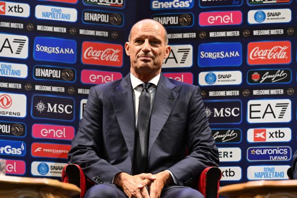 NAPLES, ITALY - JULY 14: Massimilano Allegri attends the press conference as new head coach of SSC Napoli at Teatro di San Carlo on July 14, 2026 in Naples, Italy. (Photo by SSC NAPOLI/SSC NAPOLI via Getty Images)
