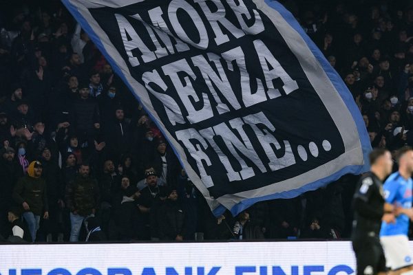 Fans of SSC Napili cheer on the stands during the Serie A match between SSC Napoli and Spezia Calcio at Stadio Diego Armando Maradona, Naples, Italy on 22 December 2021.  (Photo by Giuseppe Maffia/NurPhoto via Getty Images)