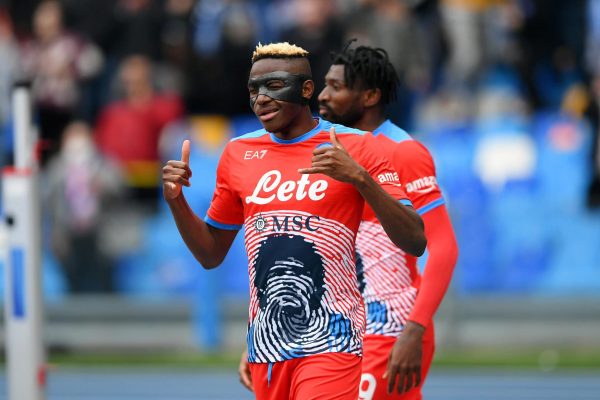 NAPLES, ITALY - MARCH 19: Victor Osimhen of SSC Napoli celebrates after scoring their team's second goal during the Serie A match between SSC Napoli and Udinese Calcio at Stadio Diego Armando Maradona on March 19, 2022 in Naples, Italy. (Photo by Francesco Pecoraro/Getty Images)