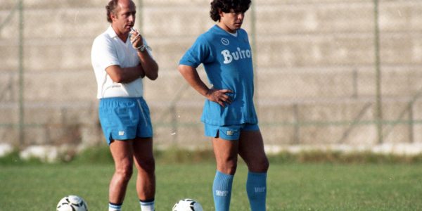 NAPLES, ITALY - OCTOBER 17: Diego Maradona and head coach Ottavio Bianchi of Napoli are seen during a training session at the Centro Paradiso di Soccavo on October 17, 1986 in Naples, Italy. (Photo by Etsuo Hara/Getty Images)