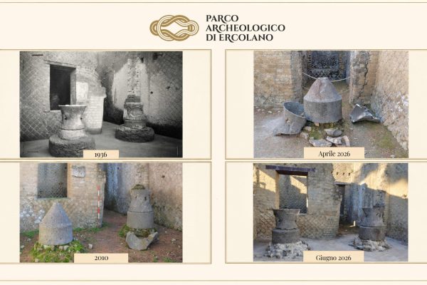 Panificio di Ercolano, restaurate le antiche macine e il forno del Vicolo Meridionale. Torna visibile il pistrinum.
