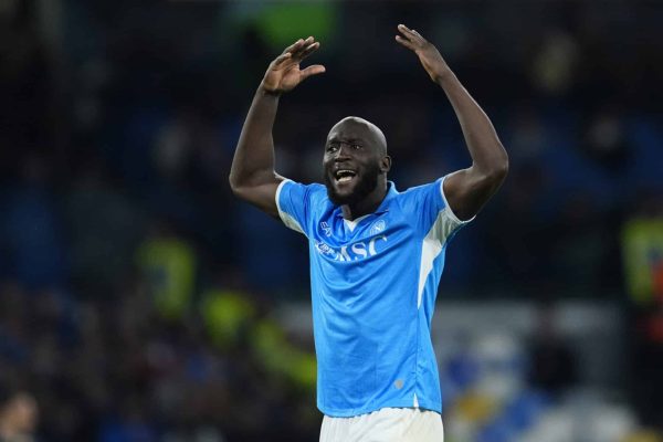 Naples, Italy - May 11: Romelu Lukaku of SSC Napoli gestures during the Serie A match between SSC Napoli and Genoa CFC at Diego Maradona on May 11, 2025 in Naples, Italy. (Photo by Matteo Ciambelli/DeFodi Images/DeFodi via Getty Images)