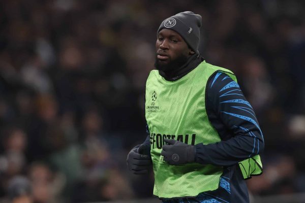 Romelu Lukaku of Napoli looks on during the UEFA Champions League 2025/26 League Phase MD7 match between F.C. Copenhagen and SSC Napoli at Parken Stadium in Copenhagen, Denmark, on January 20, 2026 (Photo by Ciro De Luca/NurPhoto via Getty Images).