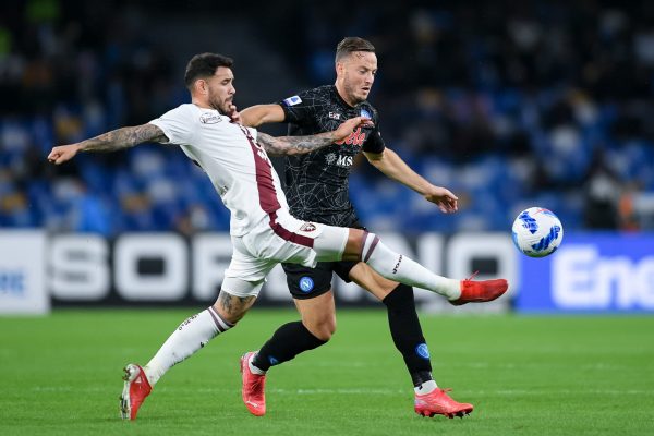 Amir Rrahmani of SSC Napoli and Antonio Sanabria of FC Torino compete for the ball during the Serie A match between SSC Napoli and FC Torino at Stadio Diego Armando Maradona, Napoli, Italy on 17 October 2021.  (Photo by Giuseppe Maffia/NurPhoto via Getty Images)