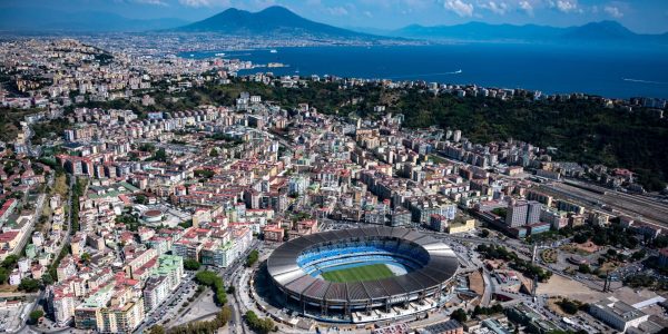 NAPLES, ITALY - SEPTEMBER 05: Aerial view, from a helicopter, of the city with the Diego Armando Maradona stadium and the Bay of Naples and Vesuvius in the background on September 05, 2019 in NAPLES Italy. Italy's nearly 8000 km (5,000 miles) coastlines and islands stretch across the Mediterranean Sea and attract large numbers of both local and foreign tourists during the summer season. (Photo by Fabrizio Villa/Getty Images)