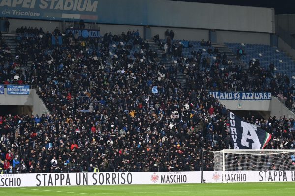 Napoli fans in Reggio Emilia during the italian soccer Serie A match US Sassuolo vs SSC Napoli on December 01, 2021 at the MAPEI Stadium in Reggio Emilia, Italy (Photo by Alessio Tarpini/LiveMedia/NurPhoto via Getty Images)