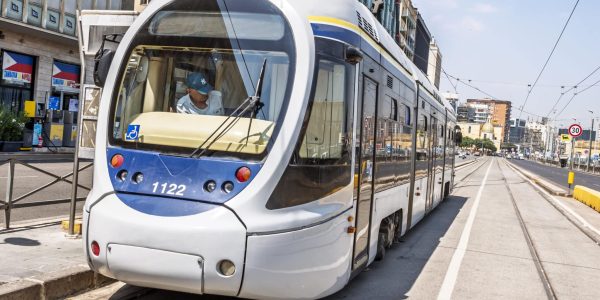 Naples, Napoli, Italy, public transportation system, tram 1122, ANM Azienda Napoletana Mobilita, modern tram design, Via Marina Via Nuova Marina, Porto District. (Photo by: Jeffrey Greenberg/Universal Images Group via Getty Images)