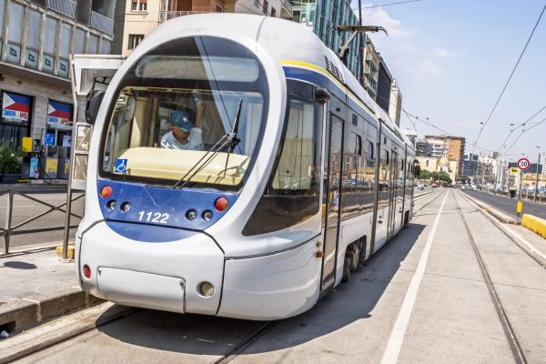 Naples, Napoli, Italy, public transportation system, tram 1122, ANM Azienda Napoletana Mobilita, modern tram design, Via Marina Via Nuova Marina, Porto District. (Photo by: Jeffrey Greenberg/Universal Images Group via Getty Images)