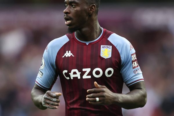 BIRMINGHAM, ENGLAND - SEPTEMBER 18:  Axel Tuanzebe of Aston Villa during the Premier League match between Aston Villa and Everton at Villa Park on September 18, 2021 in Birmingham, England. (Photo by Marc Atkins/Getty Images)