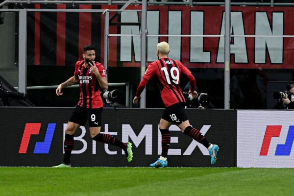 MILAN, ITALY - FEBRUARY 9: Olivier Giroud (9) of AC Milan celebrates after scoring his second goal during the Coppa Italia match between AC Milan vs Lazio at San Siro stadium in Milan, Italy on February 9, 2022. (Photo by Piero Cruciatti/Anadolu Agency via Getty Images)