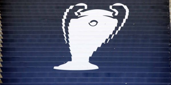 PARIS, FRANCE - MAY 27:  An image of the Champions League trophy is seen decorating a set of steps during the Real Madrid Training Session at Stade de France on May 27, 2022 in Paris, France. Real Madrid will face Liverpool in the UEFA Champions League final on May 28, 2022. (Photo by Marc Atkins/Getty Images)