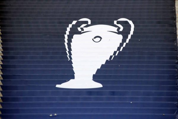 PARIS, FRANCE - MAY 27:  An image of the Champions League trophy is seen decorating a set of steps during the Real Madrid Training Session at Stade de France on May 27, 2022 in Paris, France. Real Madrid will face Liverpool in the UEFA Champions League final on May 28, 2022. (Photo by Marc Atkins/Getty Images)