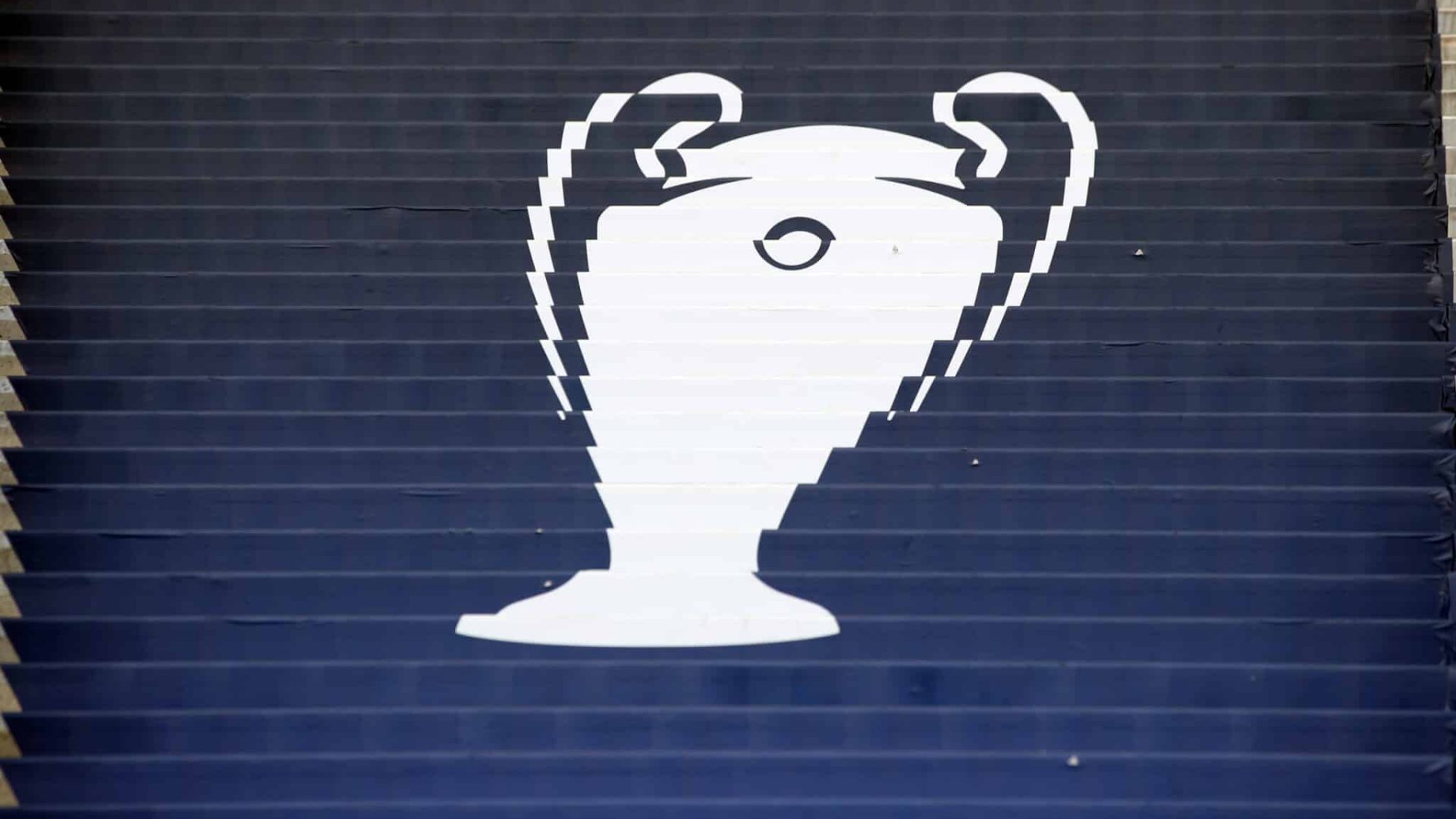PARIS, FRANCE - MAY 27:  An image of the Champions League trophy is seen decorating a set of steps during the Real Madrid Training Session at Stade de France on May 27, 2022 in Paris, France. Real Madrid will face Liverpool in the UEFA Champions League final on May 28, 2022. (Photo by Marc Atkins/Getty Images)