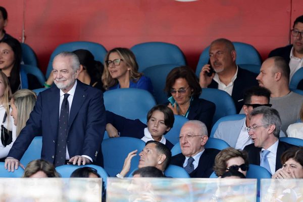 Aurelio De Laurentiis President of SSC Napoli, Vincenzo De Luca President of Campania Region and Nicola Manfredi Mayor of Naples attend the Serie A football match between SSC Napoli and ACF Fiorentina at Diego Armando Maradona stadium. Naples (Italy), May 7th, 2023. (Photo by Cesare Purini/Mondadori Portfolio via Getty Images)