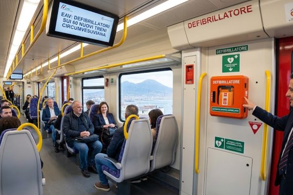 Nuovi treni EAV della Circumvesuviana con defibrillatori telecontrollati: dispositivi attivi 24 ore su 24 sui 60 convogli della flotta.