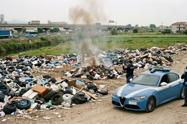 Discarica abusiva ad Acerra SS162 scoperta dopo una colonna di fumo: trovata una vasca per bruciare rifiuti, due denunciati.