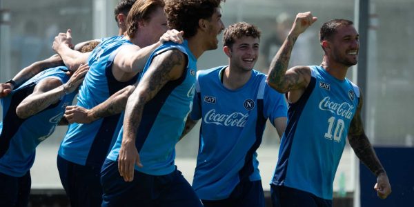 CASTEL DI SANGRO, ITALY - AUGUST 04: Matteo Politano, Francisco Barido, Luca Marianucci and Scott Mctominay of SSC Napoli in action during a training session at the club’s pre-season training camp on on August 04, 2026 in Castel di Sangro, Italy. (Photo by SSC NAPOLI/SSC NAPOLI via Getty Images)