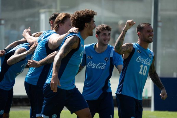 CASTEL DI SANGRO, ITALY - AUGUST 04: Matteo Politano, Francisco Barido, Luca Marianucci and Scott Mctominay of SSC Napoli in action during a training session at the club’s pre-season training camp on on August 04, 2026 in Castel di Sangro, Italy. (Photo by SSC NAPOLI/SSC NAPOLI via Getty Images)