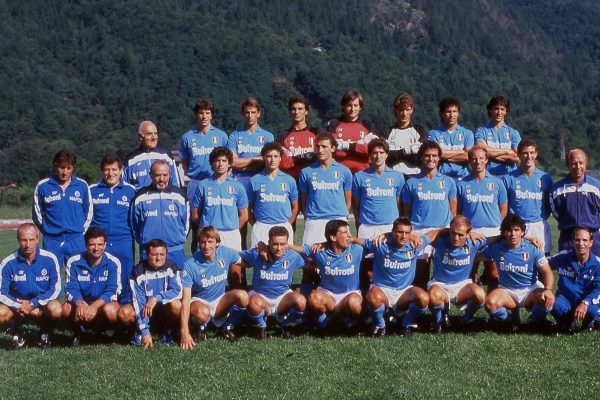 UNSPECIFIED,ITALY: 1987-88 SSC Napoli Team ( back row L-R) Giovanni Francini,Massimo Filardi, Raffaele Di Fusco,Claudio Garella, Giuseppe Taglialatela, Antonio Careca,Fernando Di Napoli (middle row L-R)Luciano Castellini,Francesco Romano,Rosario Pergolizzi,Alessandro Renica, Tebaldo Bigliardi, Giuseppe Bruscolotti,Luciano Sola, Ciro Ferrara, Ottavio Bianchi head coach   (front row (L-R)Domenico Casati,Salvatore Carmando,Paolo Miano,Francesco Baiano,Salvatore Bagni,Bruno Giordano, Moreno Ferrario, Diego Armando Maradona .  (Photo by Alessandro Sabattini/Getty Images)