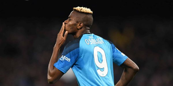 NAPLES, ITALY - MARCH 15: Victor Osimhen of SSC Napoli celebrates after scoring the team's first goal during the UEFA Champions League round of 16 leg two match between SSC Napoli and Eintracht Frankfurt at Stadio Diego Armando Maradona on March 15, 2023 in Naples, Italy. (Photo by Francesco Pecoraro/Getty Images)