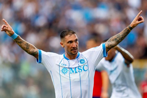 Matteo Politano of SSC Napoli celebrates after scoring first goal during the Pre Season Friendly match between SSC Napoli and CA Osasuna at Teofilo Patini on Aug 5, 2026 in Castel di Sangro, Italy (Photo by Giuseppe Maffia/NurPhoto via Getty Images)