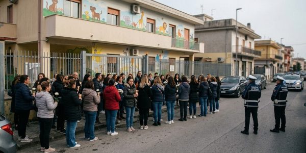 Tensione davanti a un asilo nido di Giugliano: genitori in protesta per presunti maltrattamenti sui bambini. Intervengono i carabinieri.