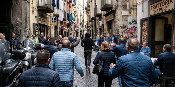 Tentato scippo a Napoli ai danni di due turisti in centro: il presunto responsabile cade dallo scooter, ma riesce a fuggire dalla folla.