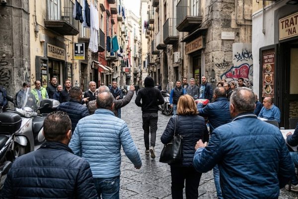 Tentato scippo a Napoli ai danni di due turisti in centro: il presunto responsabile cade dallo scooter, ma riesce a fuggire dalla folla.