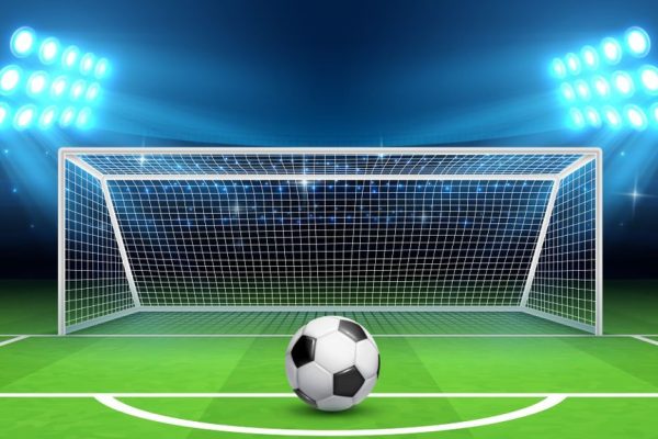 Campionato di calcio vettoriale sfondo con pallone sportivo e gol. Il concetto di calcio di rigore. Porta calcio e palla su stadio illustrazione