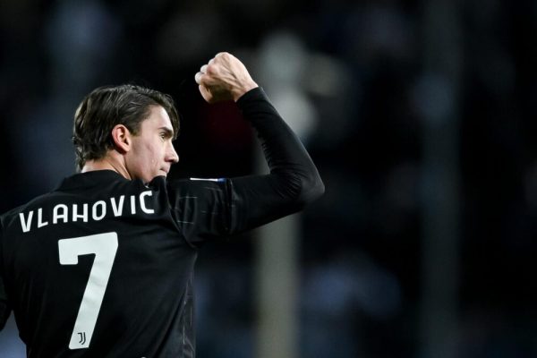 Dusan Vlahovic of FC Juventus celebrates after scoring second goal during the Serie A match between Empoli FC and FC Juventus at Stadio Comunale Carlo Castellani, Empoli, Florence, Italy on 26 February 2022.  (Photo by Giuseppe Maffia/NurPhoto via Getty Images)