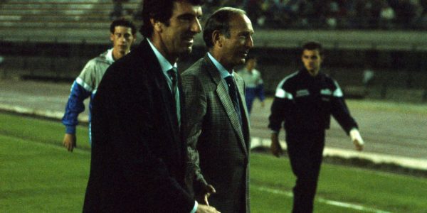 TURIN, ITALY: Juventus coach Dino Zoff  with Rino Marchesi during a match on 1989  in Turin, Italy. (Photo by Juventus FC - Archive/Juventus FC via Getty Images)