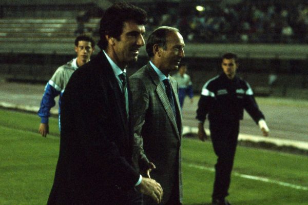TURIN, ITALY: Juventus coach Dino Zoff  with Rino Marchesi during a match on 1989  in Turin, Italy. (Photo by Juventus FC - Archive/Juventus FC via Getty Images)